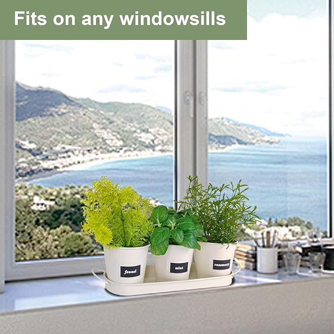 4" Herb Garden Planter Kit, Indoor Herb Planters with Tray, Set of 3 Metal Windowsill Pots for Flower Plants with Drainage Hole, Customizable Labels & Marker Pen, Beige