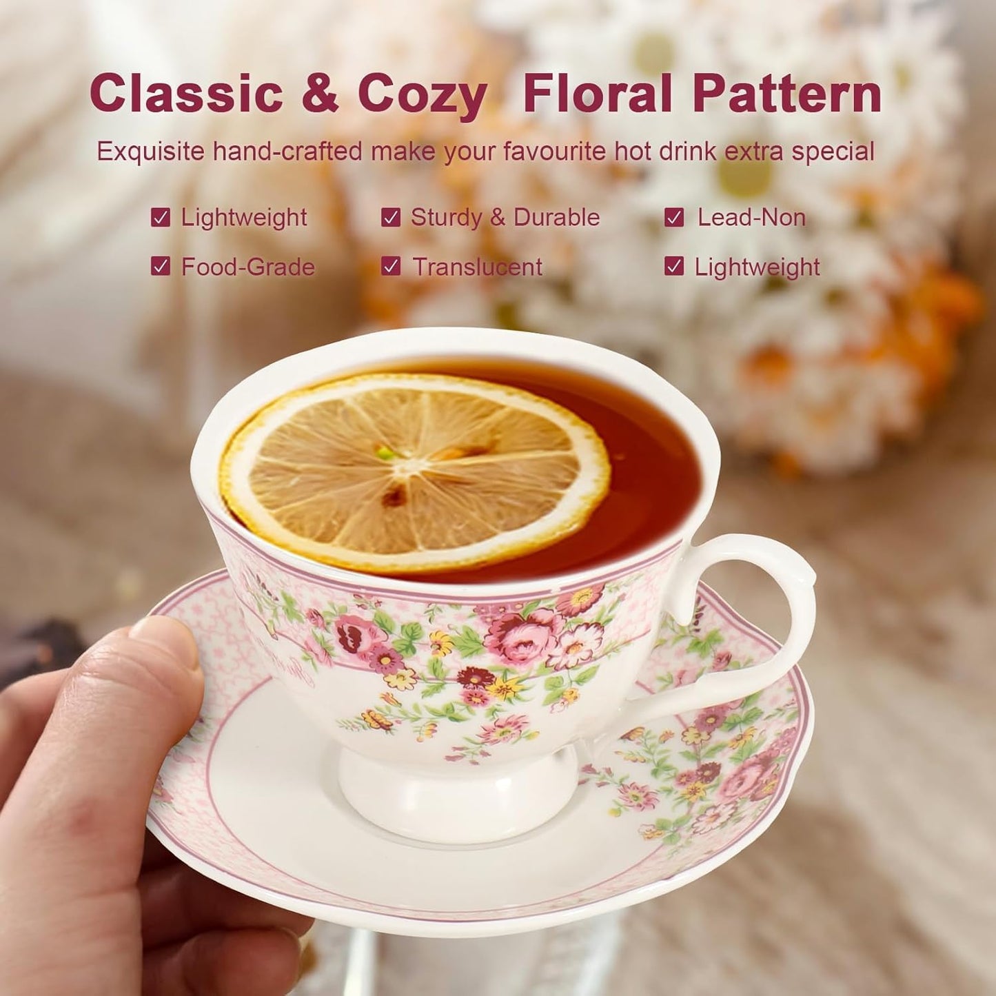 Cup and Saucer Sets of 2 with Spoon, 8oz Large Tea Coffee Cups and Saucers New Bone China Floral Vintage Cup & Saucer Sets Porcelain Tea Latte Mugs -Microwave Dishwasher Safe