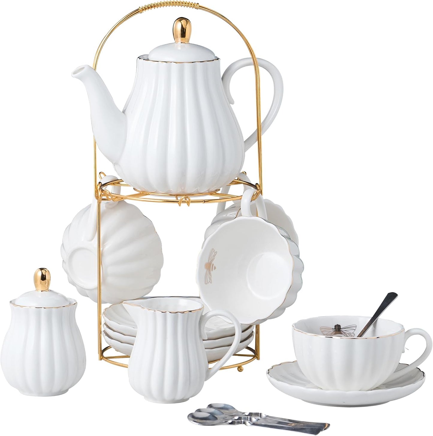 CLAY TONIC-- 8 OZ Fine China White Coffee Cup/Teacup Set, Cups & Saucer, with Teapot-Sugar Bowl-Cream Pitcher Teaspoons and tea strainer for Tea/Coffee,17-Pieces- Service for 4 (White)