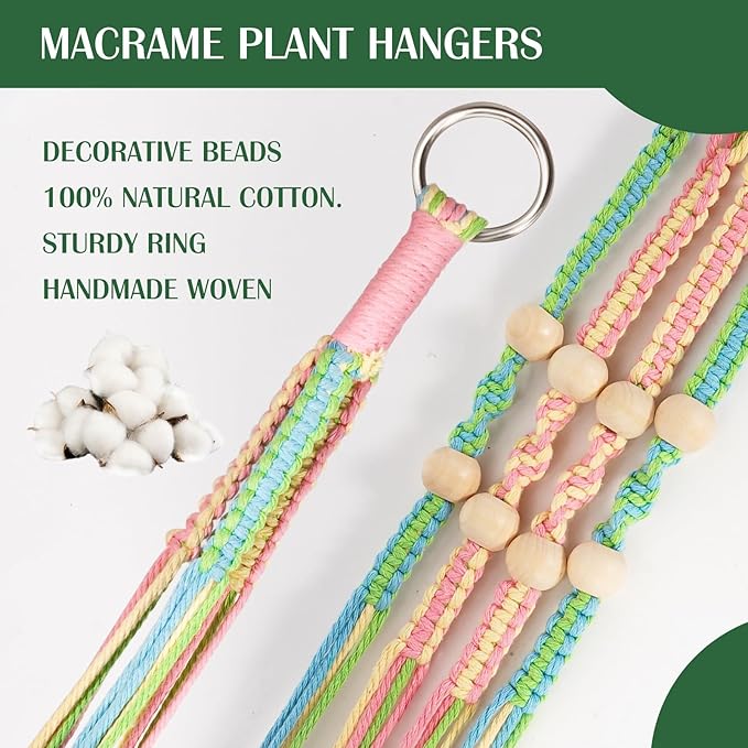 Macrame Plant Hanger, Hanging Planter Basket with Wood Beads, Decorative Boho Flower Pot Holder for Indoor and Outdoor, Rainbow, 35 Inch Set of 2 (POTS NOT Included)