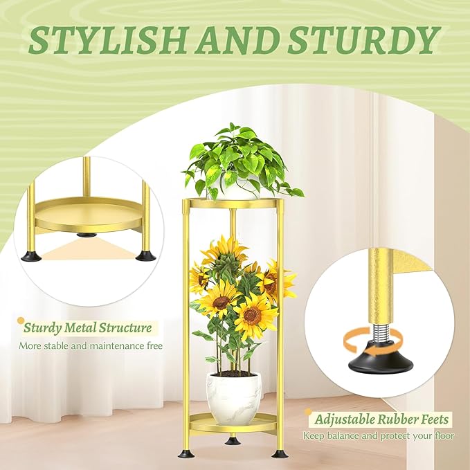 KMOTASUO 2 Tier Plant Stand Indoor for Large Tall Heavy Duty Planter, Multiple Sturdy Metal Flower Corner Rack for Narrow House Floor, Iron Vertical Level Round Orchi Holder Organizer, Gold