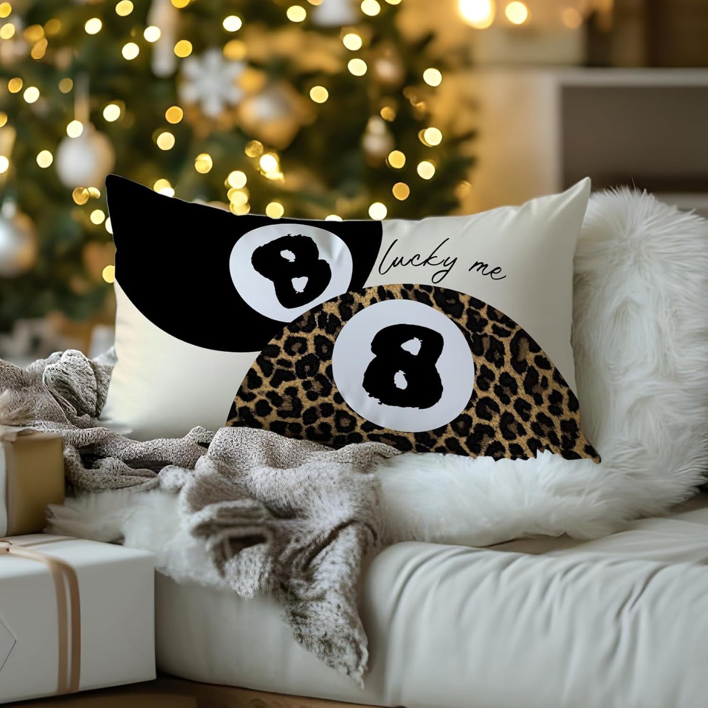 Coquette Pink Bow Leopard Print Lips Lucky 8 Ball Throw Pillow Covers 20x12, Cheetah Print Room Decor, Funky Y2K Leopard Decorative Pillow Covers for Girls Room Dorm Apartment Home