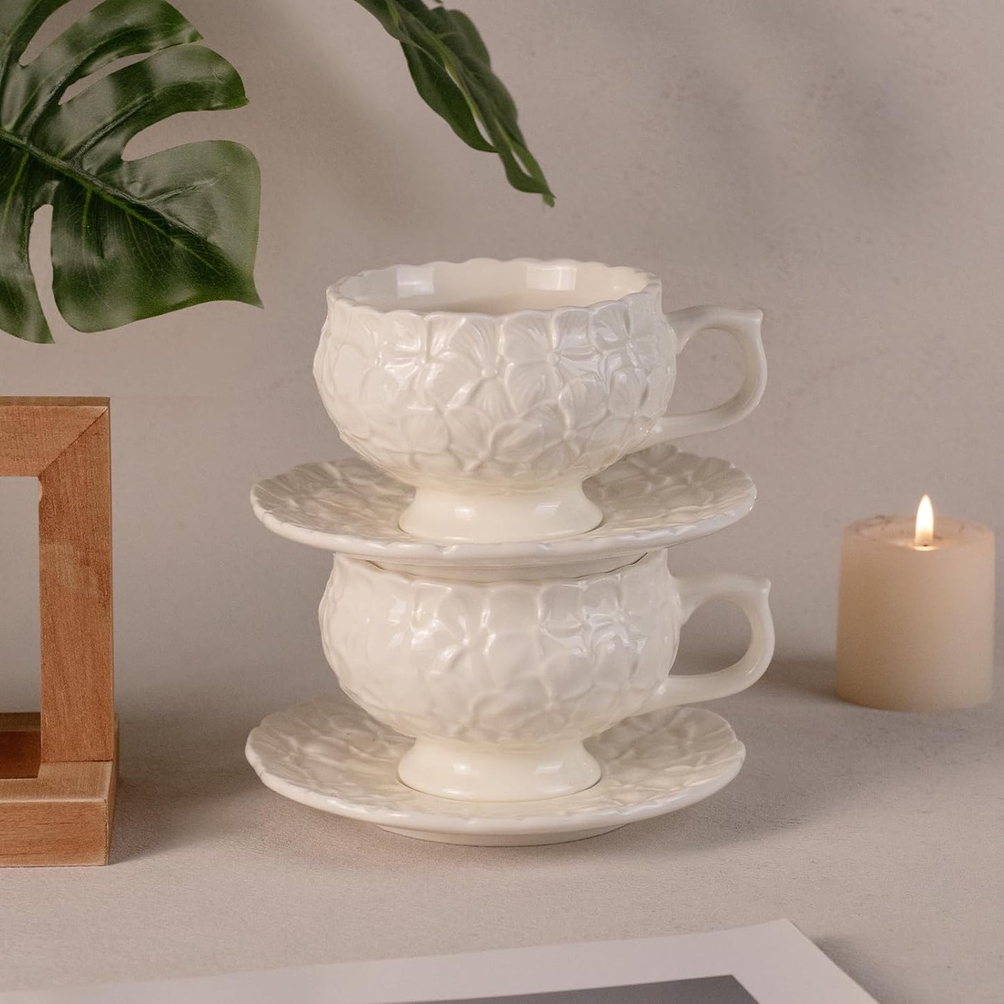 KAMMAK Tea Cups and Saucers Set of 2, Porcelain Coffee Cups, 8.5-Ounce Stackable Espresso Mugs, Ceramic Demitasse for Coffee, Latte, Americano, Tea, White Flower