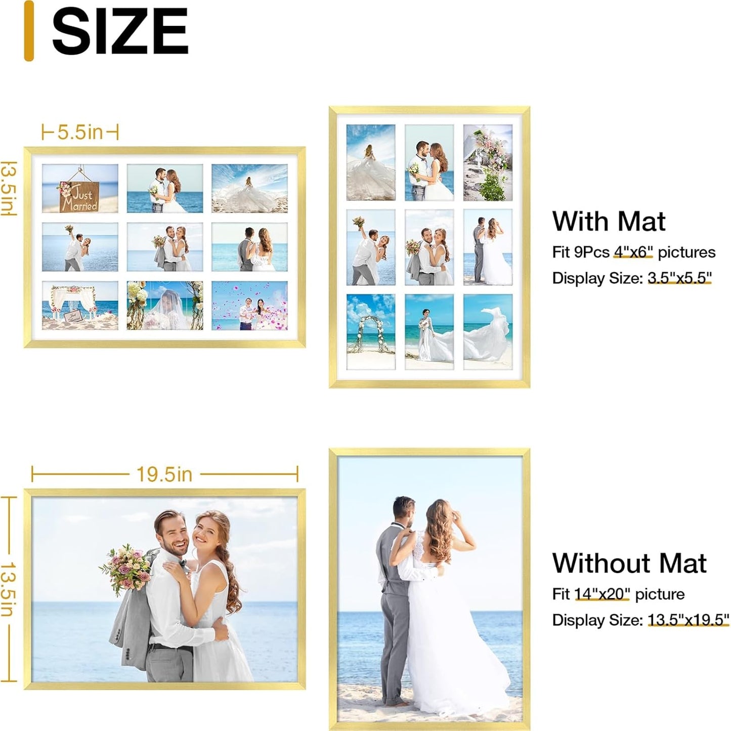 decorUhome 14x20 Picture Frames Collage Wall Decor, Display 9Pcs 4x6 Photos with Mat or 1Pcs 14x20 Unmatted, 9 4x6 Collage Picture Frames for Wall Mounting, Gold