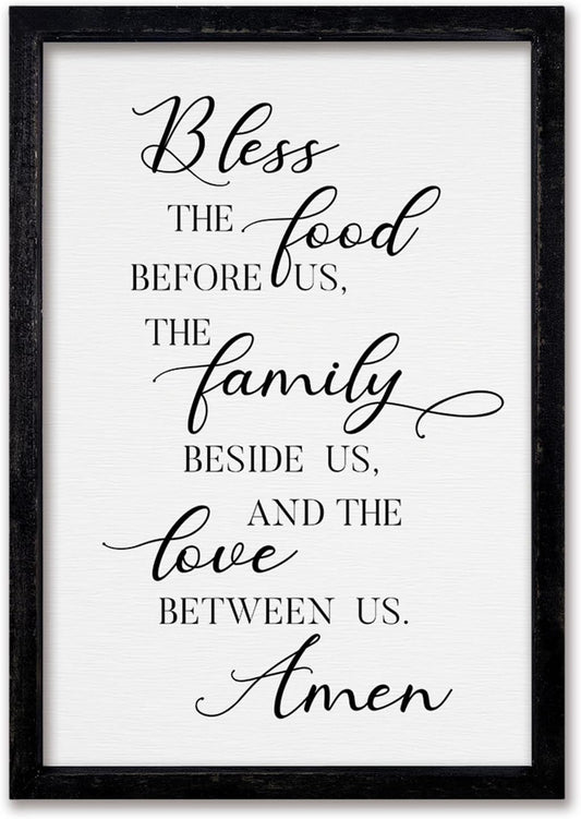 comurdyo Kitchen Wall Decor Bless the Food Before Us Prayer Farmhouse Christian Sign 16"×11" Framed Wood for Small Modern Religious Holy Dining Room Kitchen Plaque Wall Art Hanging (Black)