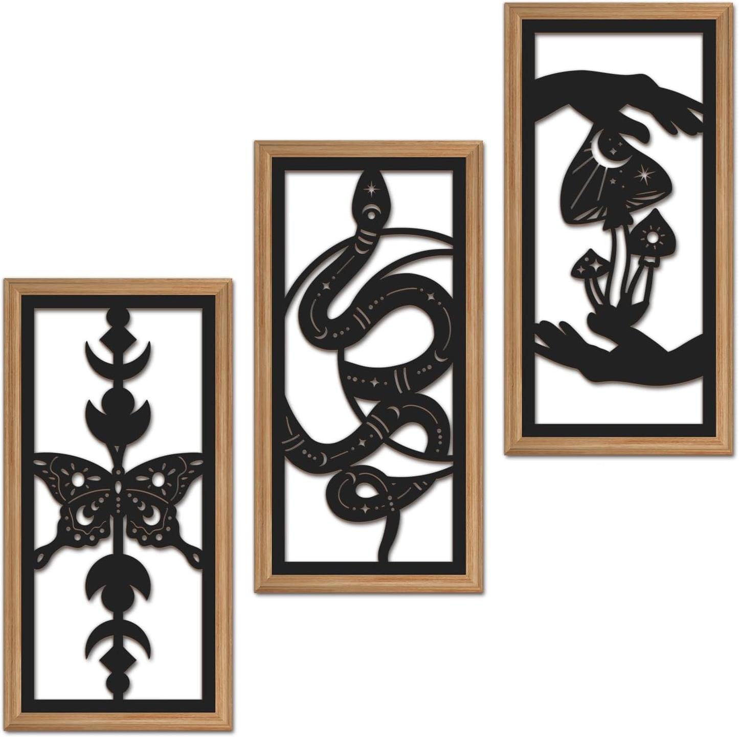 IARTTOP 3 Pcs Black Gothic Wall Art Boho Witchy Moon Phases Butterfly Wood Wall Decor Snake Decor Hanging Art Dark Mushroom Artwork Home Decor for Apartment Living Room Bedroom 7.9 x15.8 Inch