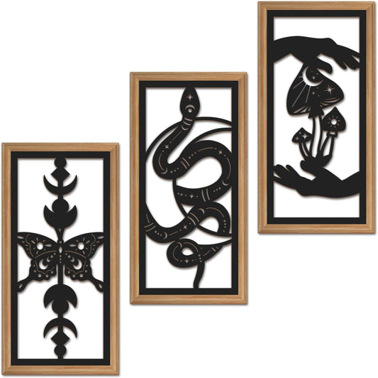 IARTTOP 3 Pcs Black Gothic Wall Art Boho Witchy Moon Phases Butterfly Wood Wall Decor Snake Decor Hanging Art Dark Mushroom Artwork Home Decor for Apartment Living Room Bedroom 7.9 x15.8 Inch