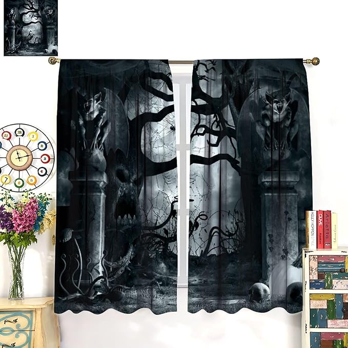 Gothic Blackout Curtains, Halloween Creepy Horror Gargoyles Bat Pumpkin Skeleton Pattern Drapes Window 2 Panel Rod Pocket Curtain for Bedroom Living Room Decor 21" W X 63" L