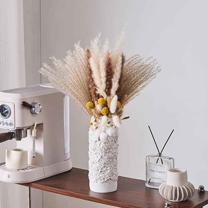 White Rose Hand-Carved Resin Vase – 8 Inch Decorative Cylinder Vase for Pampas Grass, Centerpiece, Home Decor | Elegant Entryway, Countertop & Nightstand Accent | Unique Housewarming Gift