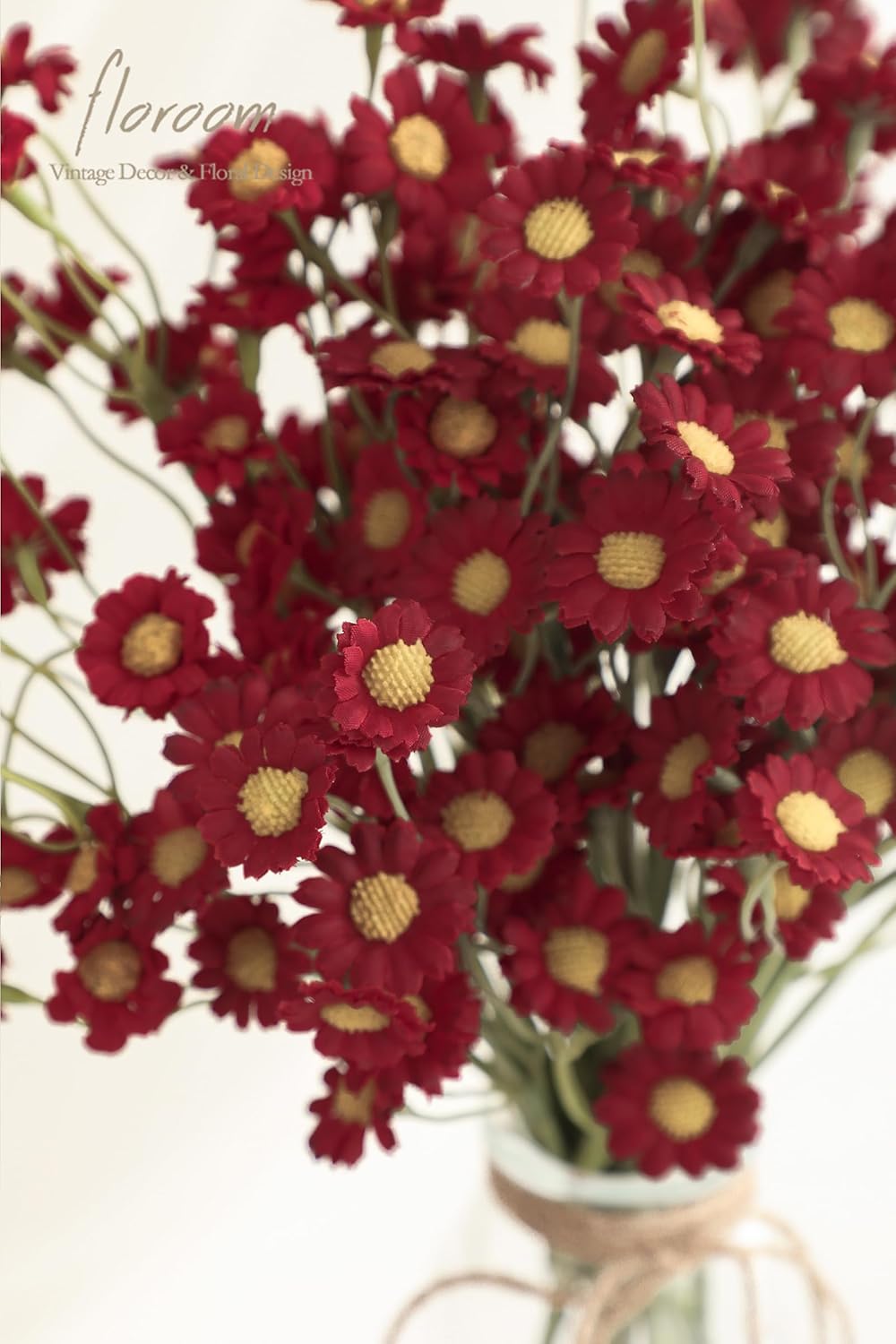 Floroom 24pcs Burgundy Small Artificial Flowers Faux Silk Daisies Fake Wildflowers with Stems for DIY Red Wedding Bouquets Floral Arrangements Party Decor Centerpieces Decorations (Vase Not Included)