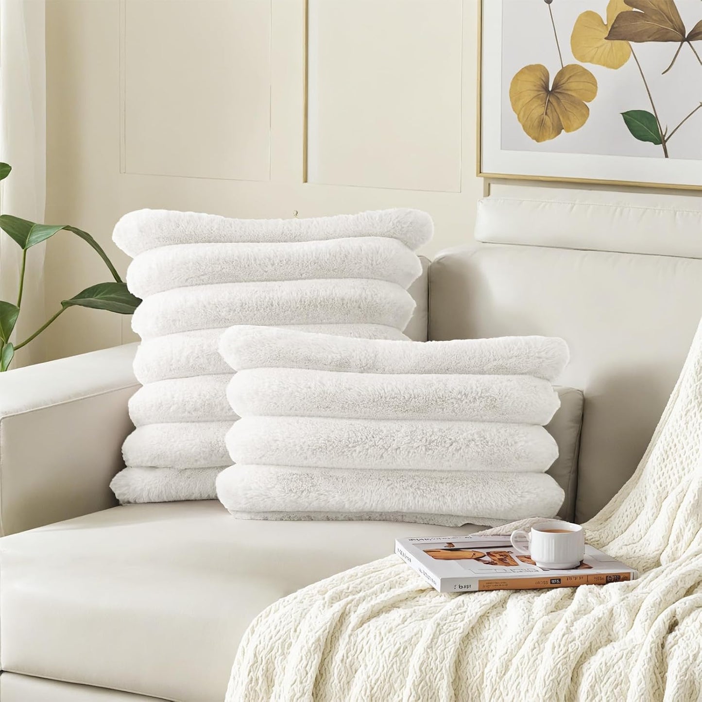 HAUSSY Faux Fur Throw Pillow Covers 24x24 Inch Set of 2,Decorative Striped Neutral Pillow Cases Soft Plush Couch Pillow Covers,Home Decor for Sofa,Bed, Living Room,Cream White