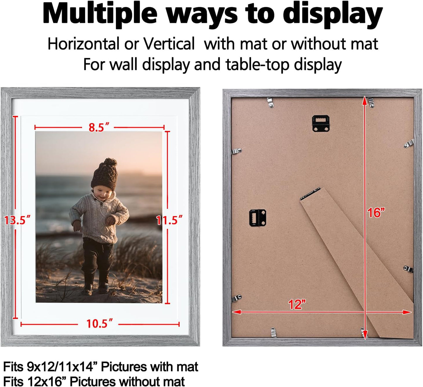 KINLINK 12x16 Picture Frame Grey, Solid Wood Frames with Acrylic Plexiglass for Pictures 11x14/9x12 with Mat or 12x16 without Mat,Wall Display Photo Frame, Set of 4