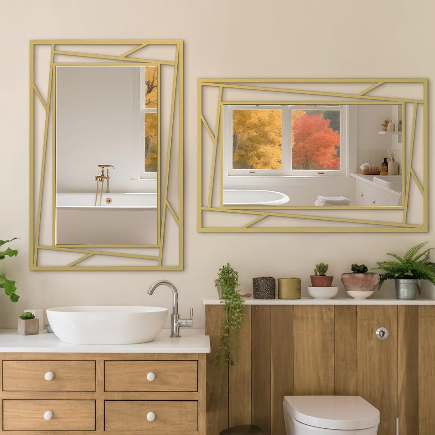 Gold Bathroom Mirror, 36''X24'' Decorative Wall Mirrors with Geometric Metal Frame for Living Room, Bedroom, Bathroom, Entrance, Expands Space, Horizontal/Vertical