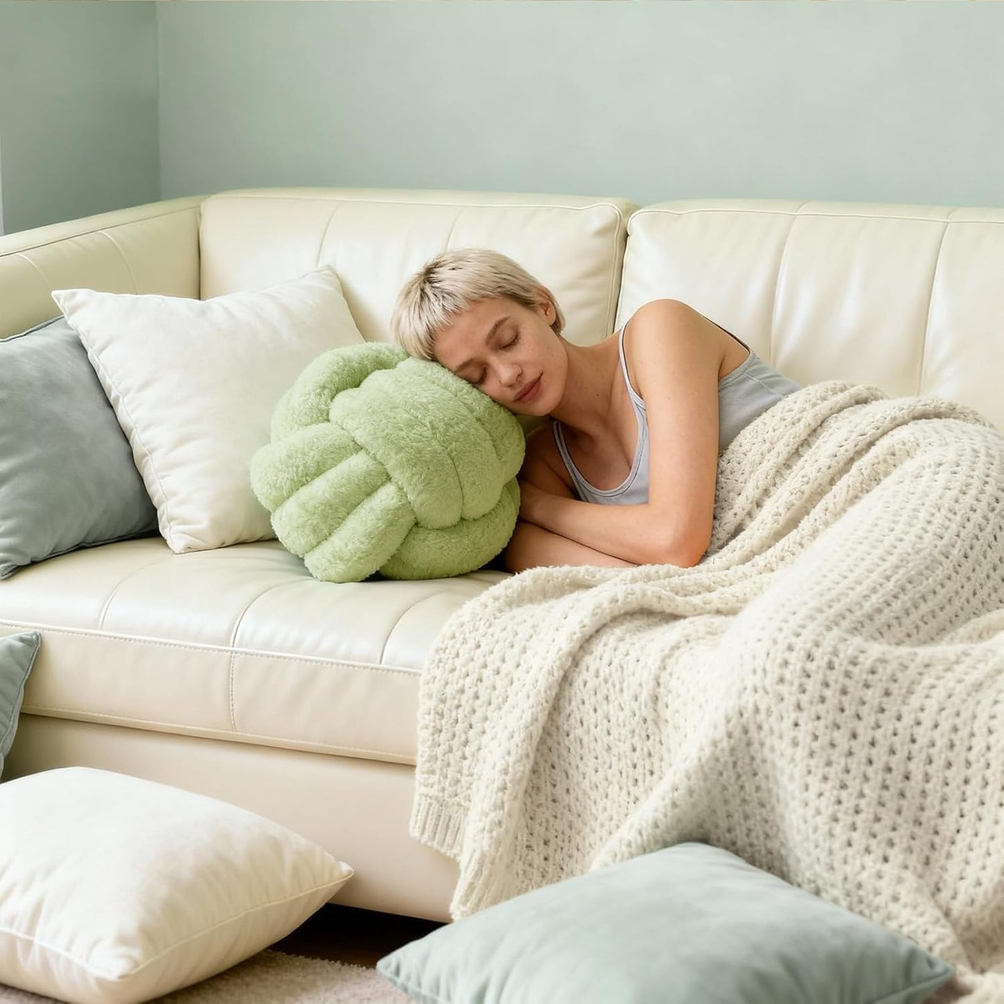 Knot Pillow Ball Plush - Decorative Throw Pillows for Bed Relieve Stress, Round Knot Cushion for Sofa Decor Pet Toy, Sage Green 12 inch
