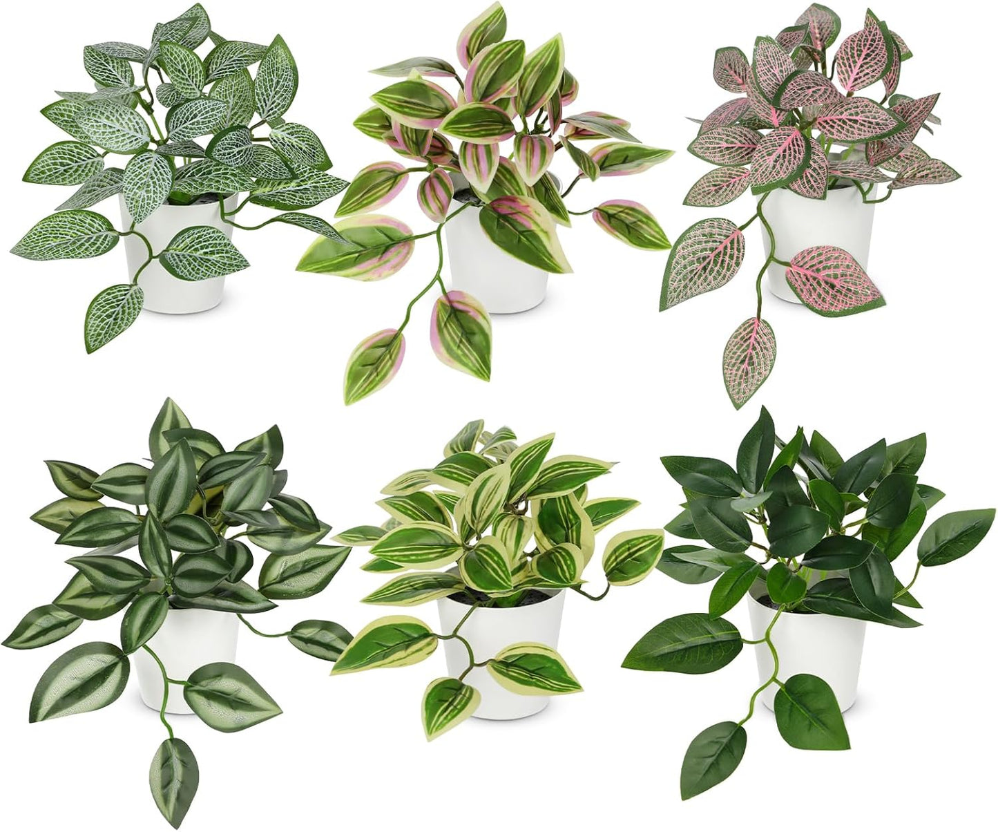 Hollyone Fake Plants 6 Pack Artificial Plants Indoor Faux Plant with White Plastic Pot Small Fake Potted Plant for Home Aesthetic Living Room Bathroom Desk Shelf Office Decor