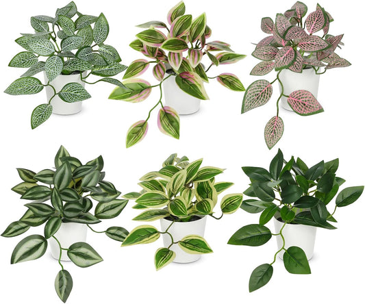 Hollyone Fake Plants 6 Pack Artificial Plants Indoor Faux Plant with White Plastic Pot Small Fake Potted Plant for Home Aesthetic Living Room Bathroom Desk Shelf Office Decor