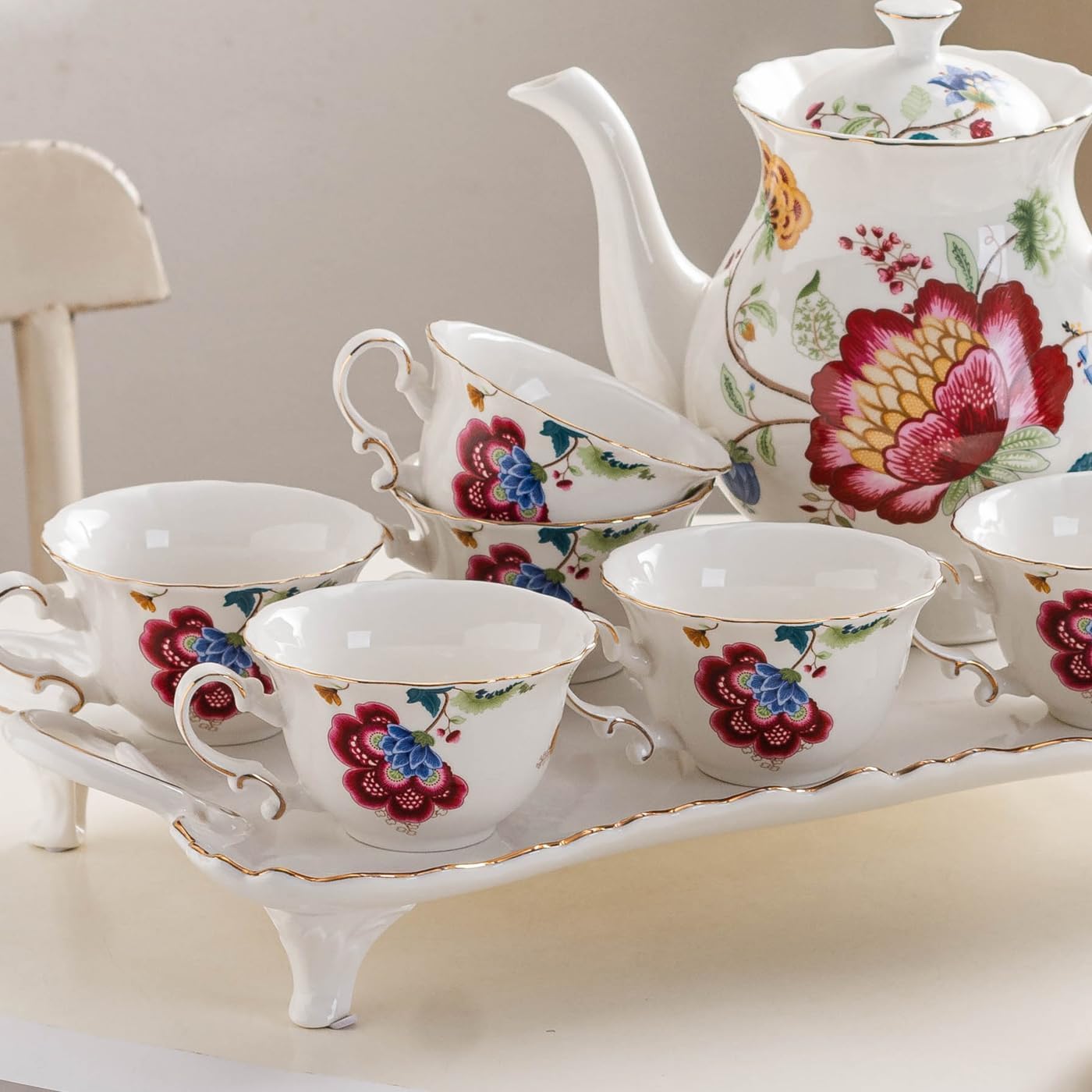 Jomop Ceramic Tea Cups Coffee Cup and Saucers Set of 4 (Blue and Red)