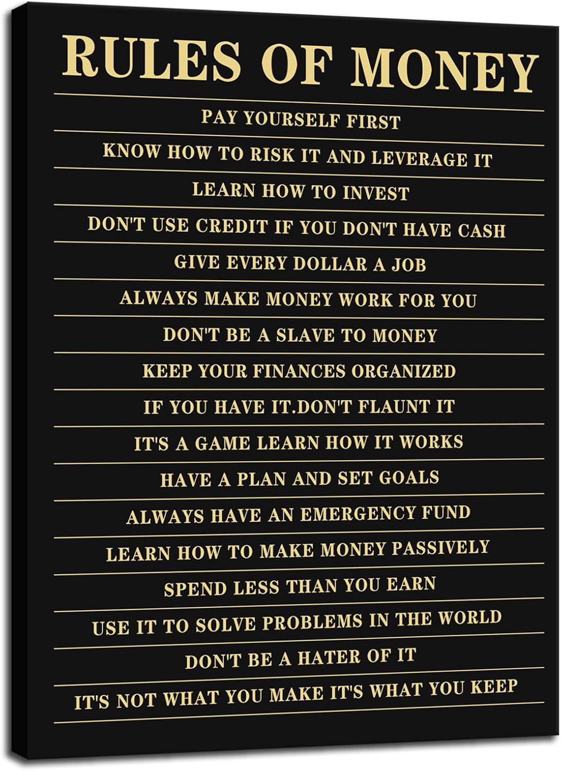 Inspirational Canvas Wall Art Rules of Money Motivational Posters and Prints Home Office Wall Decor Painting Artwork for School Bedroom Pictures Stretched and Framed Ready to Hang[18''W X 24''H]