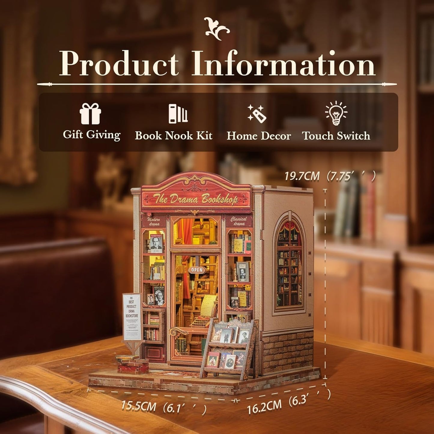 Fsolis Book Nook Kit, DIY Bookshelf Miniature Bookshelf Kit for Adults Tiny House 3D Puzzle Booknook Adult Craft Gifts for Women Teenagers Book Lovers (The Drama Bookshop)