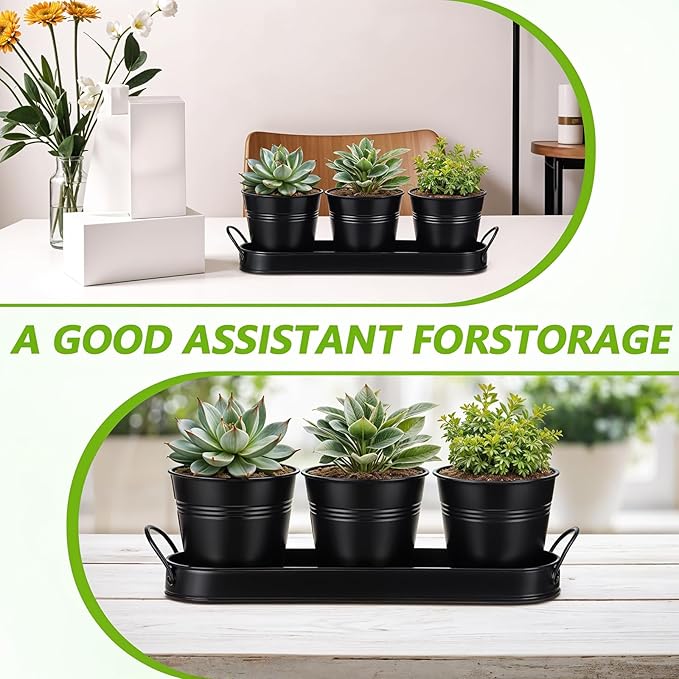 2 Sets Herb Planter with Tray Metal Herb Garden Planter with Drainage Farmhouse Windowsill Pots for Indoor Plants Flower Succulent Outdoor Kitchen Apartment Balcony Window (Black)