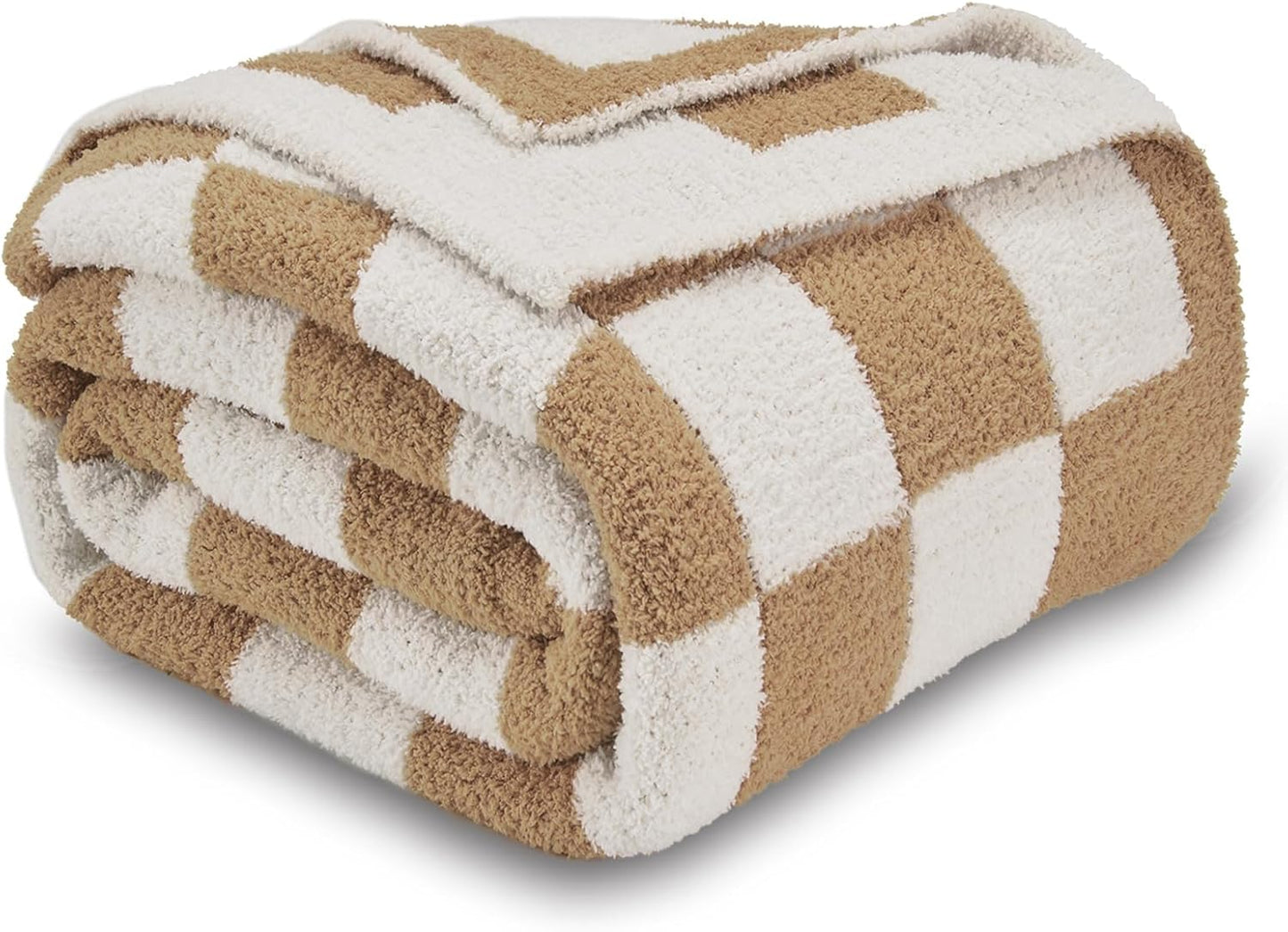 CozeCube Super Soft Fullfy Microfiber Reversible Knitted Blankets, Warm Cozy Fuzzy Plush Throw, Beige and White Checkered Throw Blanket for Couch Bed Sofa, 60" x 80"