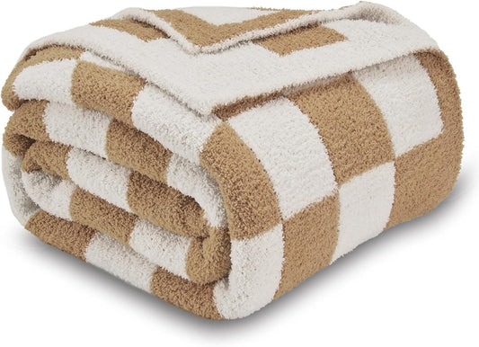 CozeCube Super Soft Fullfy Microfiber Reversible Knitted Blankets, Warm Cozy Fuzzy Plush Throw, Beige and White Checkered Throw Blanket for Couch Bed Sofa, 60" x 80"