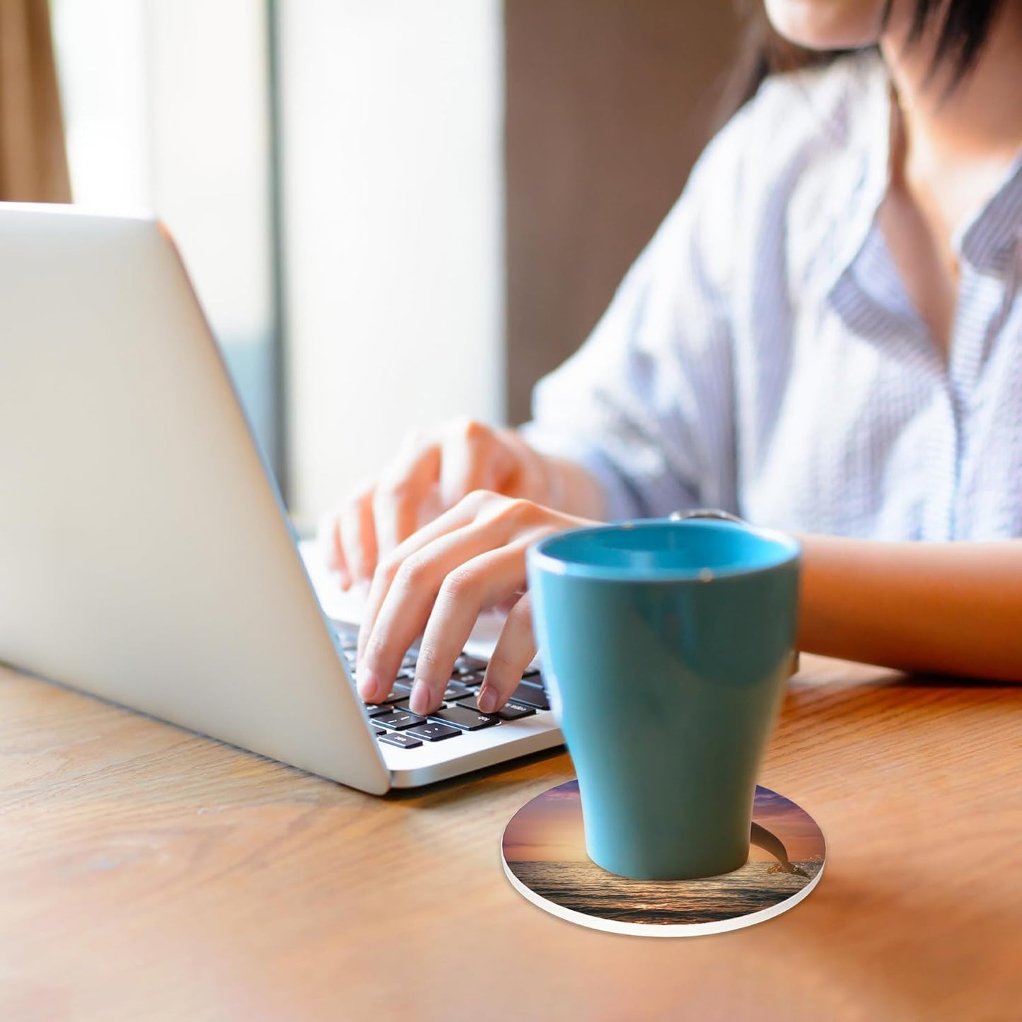 Dolphin Coasters for Drinks Absorbent with Holder,Jumping in Sea Under Sun Sets of 6 Durable Cup Coaster for Coffee Table Protection,Great Housewarming Birthday Gifts,Home Decor