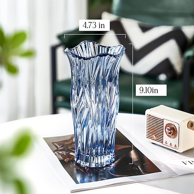 Glass Vase for Flowers, Blue Clear Glass Vases for Centerpieces, Crystal Vase for Home Table Flower Decor 9.1 inches Tall