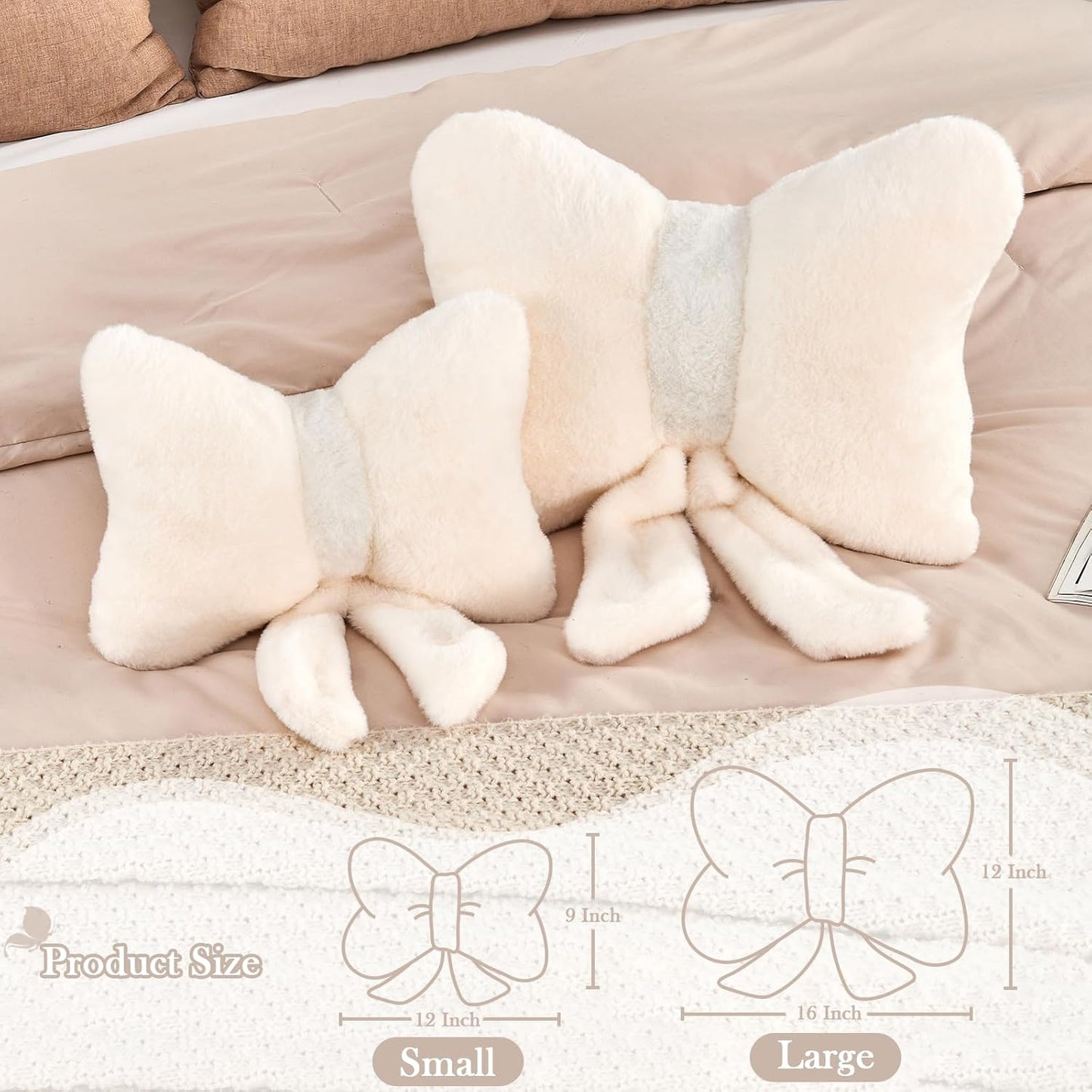 Ivory Bow Pillow, Soft Bow Decorative Pillows with Faux Rabbit Fur, Cute 12" Bow Throw Pillows, Aesthetic Home Decor Bow Shaped Plush Pillow for Bedroom Sofa Couch