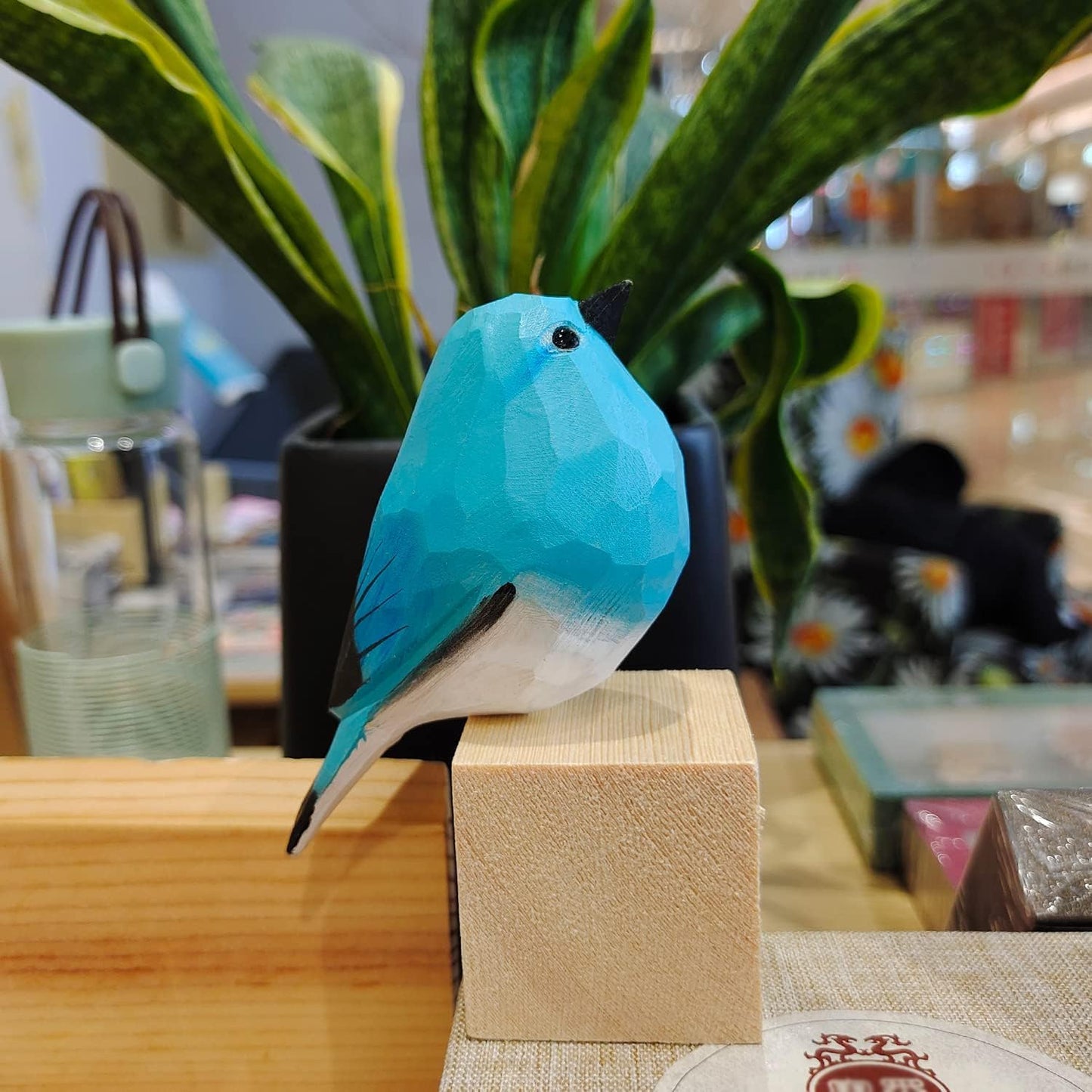 Handmade Wooden Carved Bird Decor Sculpted Hand-Painted Bird Figurines Small Home Decor Bird Statue Shelf Decor BFF Gifts for Bird Lovers(Blue Robin)