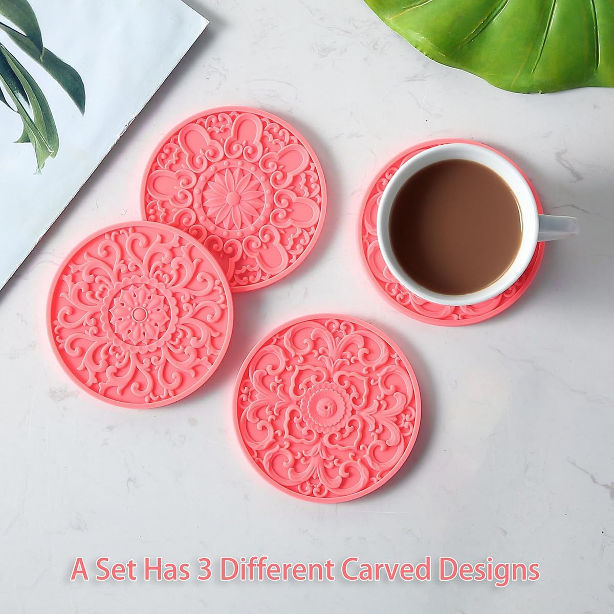 Colinda Silicone Coasters - Set of 6 with Holder, Non-Slip Cup Mats for Hot and Cold Drinks, Decorative Designs, Gift Ready Packaging, Coral Pink