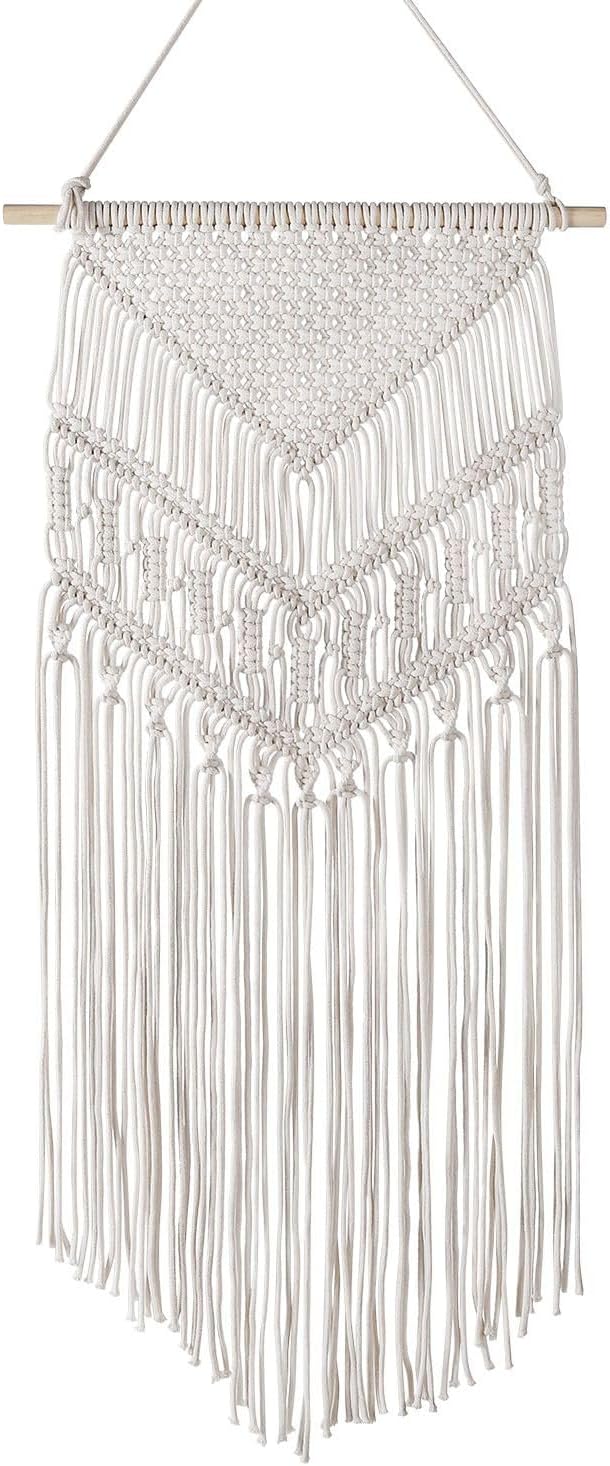 Flexzion Macrame Wall Decor Hanging Boho Hand Woven Tapestry Art Bunting Banner Bohemian Wall Decor for Home Bedroom Living Room Curtain Rustic Hippie Garland Baby Nursery, 33 Inch Cream White Cotton