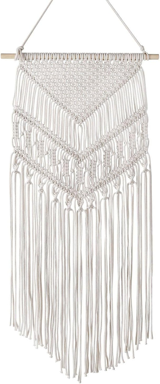 Flexzion Macrame Wall Decor Hanging Boho Hand Woven Tapestry Art Bunting Banner Bohemian Wall Decor for Home Bedroom Living Room Curtain Rustic Hippie Garland Baby Nursery, 33 Inch Cream White Cotton