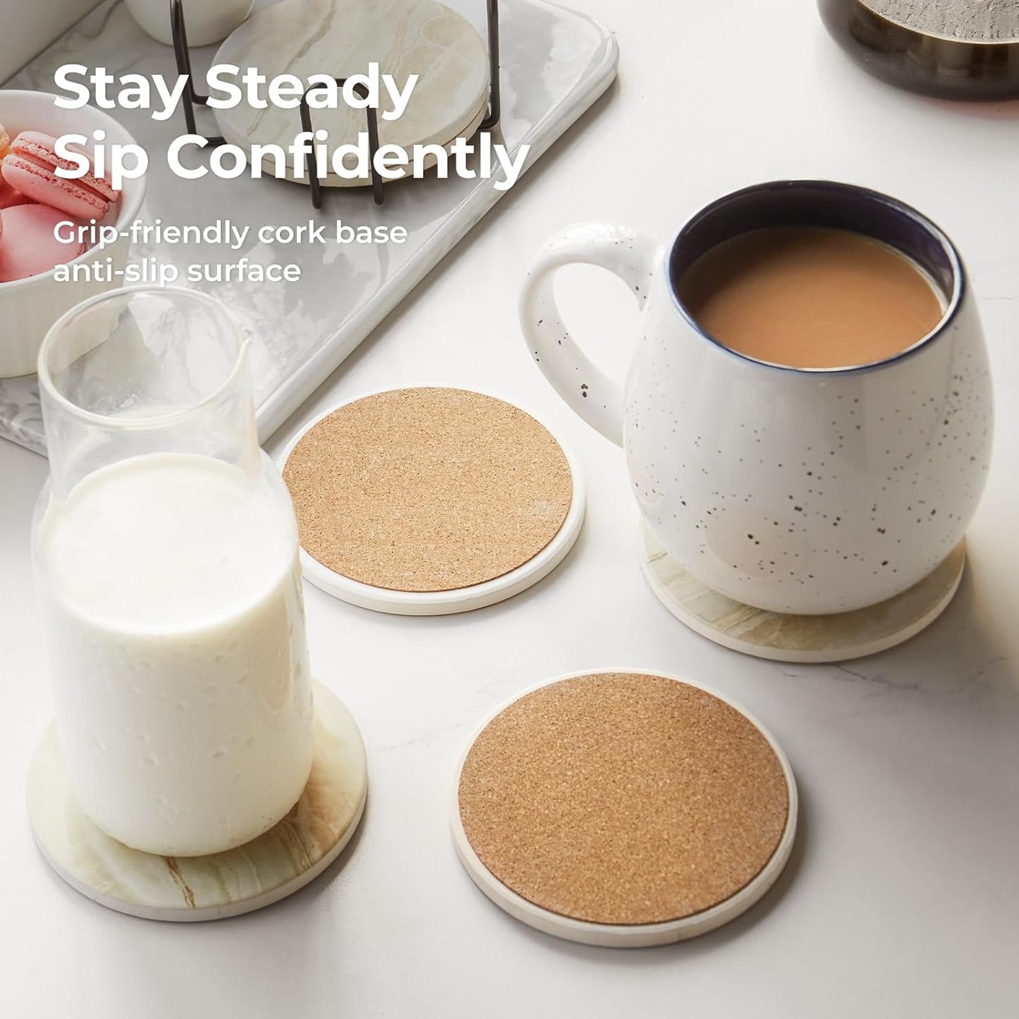 LlFVER Coasters Set of 8, Absorbent Drink Coaster with Holder, Marble Style Ceramic Stone Coasters for Drinks Coffee Tabletop Protection, Modern Furniture Coaster for Home Decor House Warming Gifts