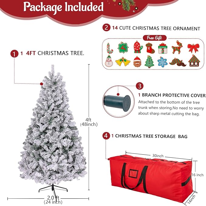 ULICO 4ft Snow Flocked Artificial Christmas Tree,Premium Spruce Xmas Tree with 450 Branch Tips, Fake Christmas Tree with Foldable Metal Base Stand,Home, Office,Party Decoration