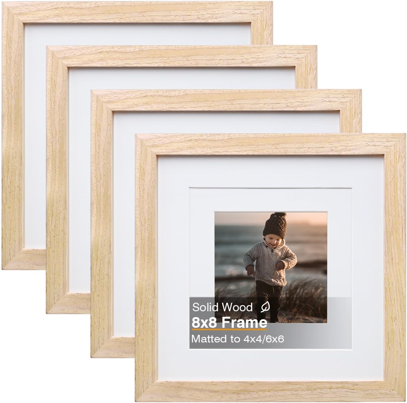 KINLINK 8x8 Picture Frame, Natural Square Solid Wood Frames for Pictures 4x4 and 6x6 with Mat or 8x8 without Mat, Wall and Tabletop Display Photo Frames Natural Wood 4 Pack