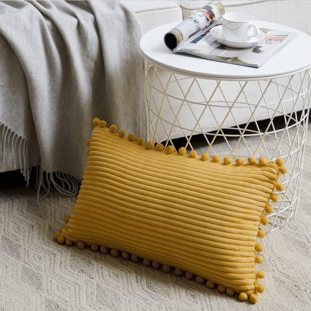 Fancy Homi 2 Pack Mustard Yellow Lumbar Decorative Throw Pillow Covers 12x24 Inch with Pom-poms for Living Room Couch Bedroom, Soft Corduroy Solid Cushion Case 30x60 cm, Rustic Farmhouse Home Decor