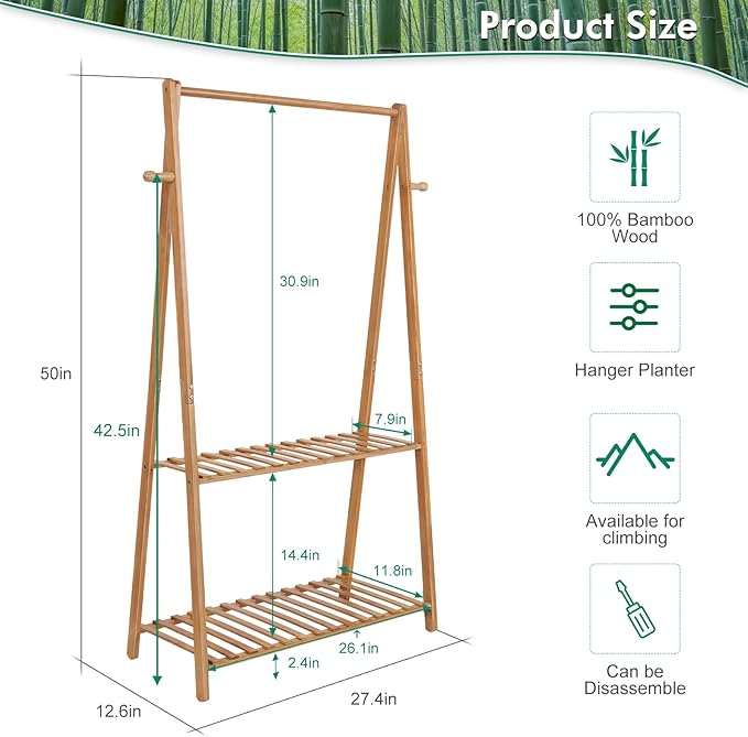 Hanging Plant Shelf Indoor Outdoor Plant Stands Wood Flower Stand 2 Tiered Bamboo Plant Shelves Holder Rack for Patio Balcony Garden (Tall,50 inch)