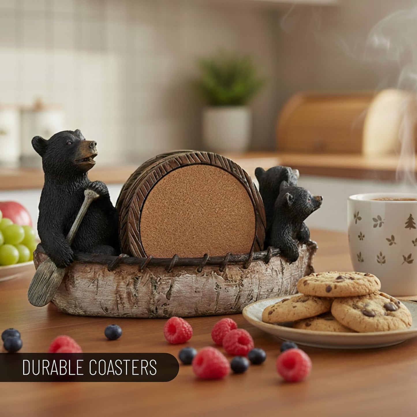 Black Bear Canoe Coaster Set with Holder - Pine Ridge 3 Rustic Black Bear Cabin Decor Absorbent Coaster Drink - Set of 5 Drink Coaster Set