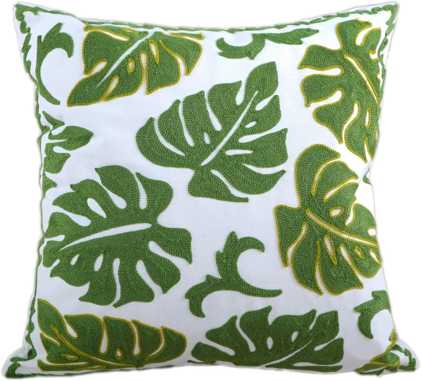 Embroidery Throw Pillow Cover 18x18 Tropical Leaves Home Decor Monstera Leaf Embroidered Green Floor Pillow Cover for Couch Sofa Chair 100% Cotton Cushion Cover Pillow Case 45x45cm, 1 Piece