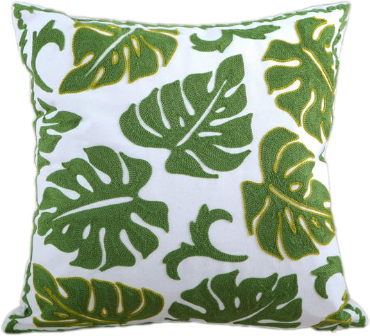 Embroidery Throw Pillow Cover 18x18 Tropical Leaves Home Decor Monstera Leaf Embroidered Green Floor Pillow Cover for Couch Sofa Chair 100% Cotton Cushion Cover Pillow Case 45x45cm, 1 Piece