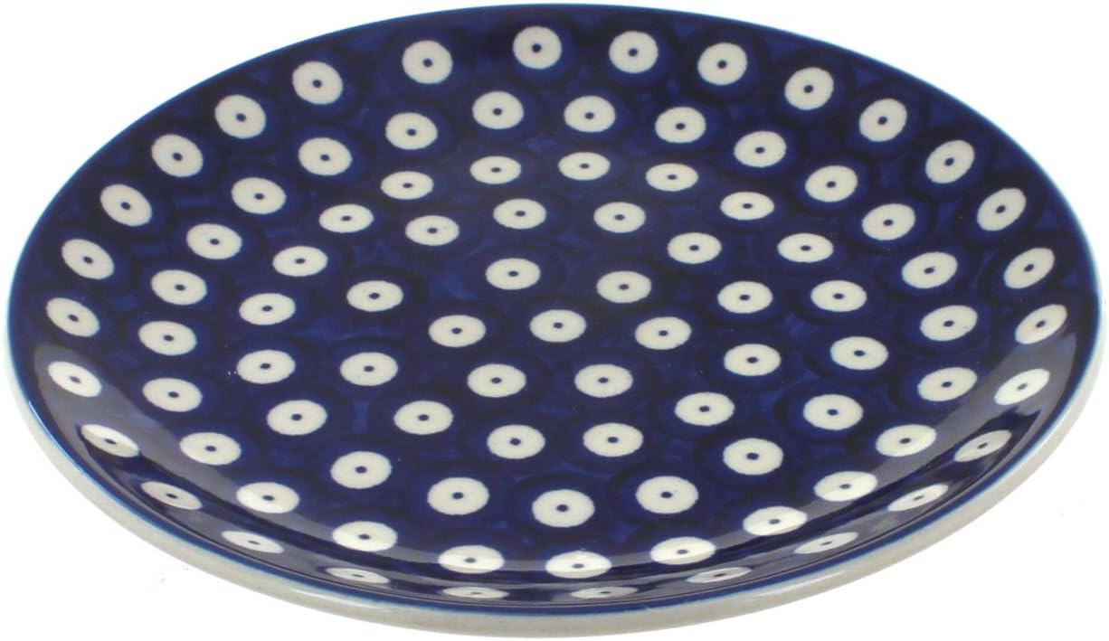 Blue Rose Polish Pottery - Blue Dots Dessert Plate - 7" Diameter - Beautiful Plate for Cake, Appetizers, or Snacks