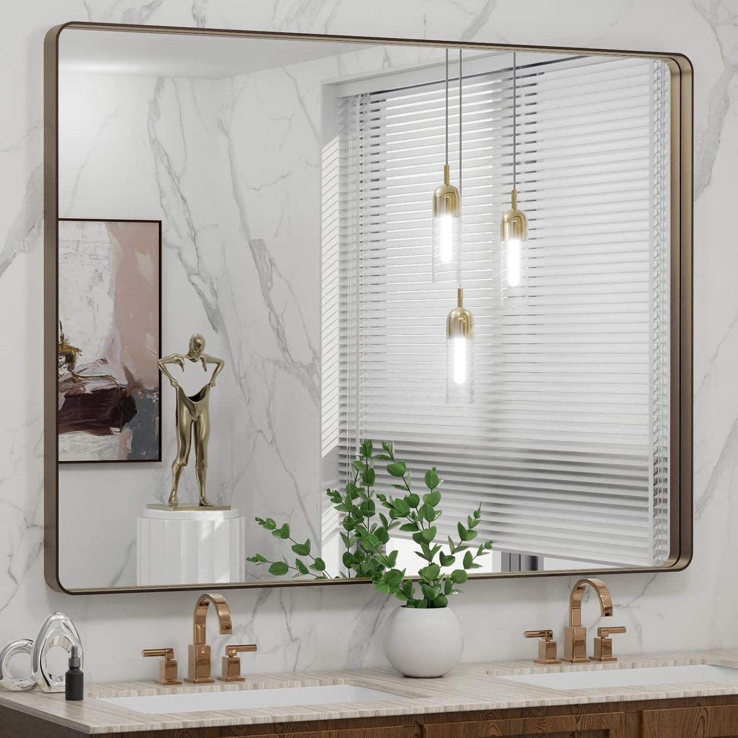 LOAAO 48”X36” Bronze Bathroom Mirrors for Vanity, Rounded Rectangle Brushed Bronze Metal Frame Mirror, Anti-Rust, Tempered Glass, Hangs Horizontally or Vertically