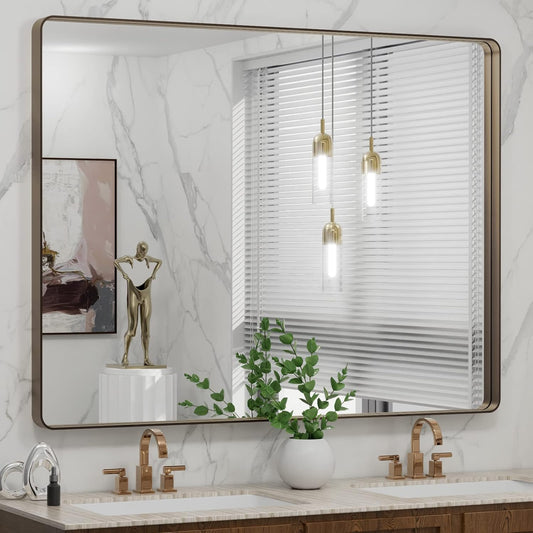 LOAAO 48”X36” Bronze Bathroom Mirrors for Vanity, Rounded Rectangle Brushed Bronze Metal Frame Mirror, Anti-Rust, Tempered Glass, Hangs Horizontally or Vertically
