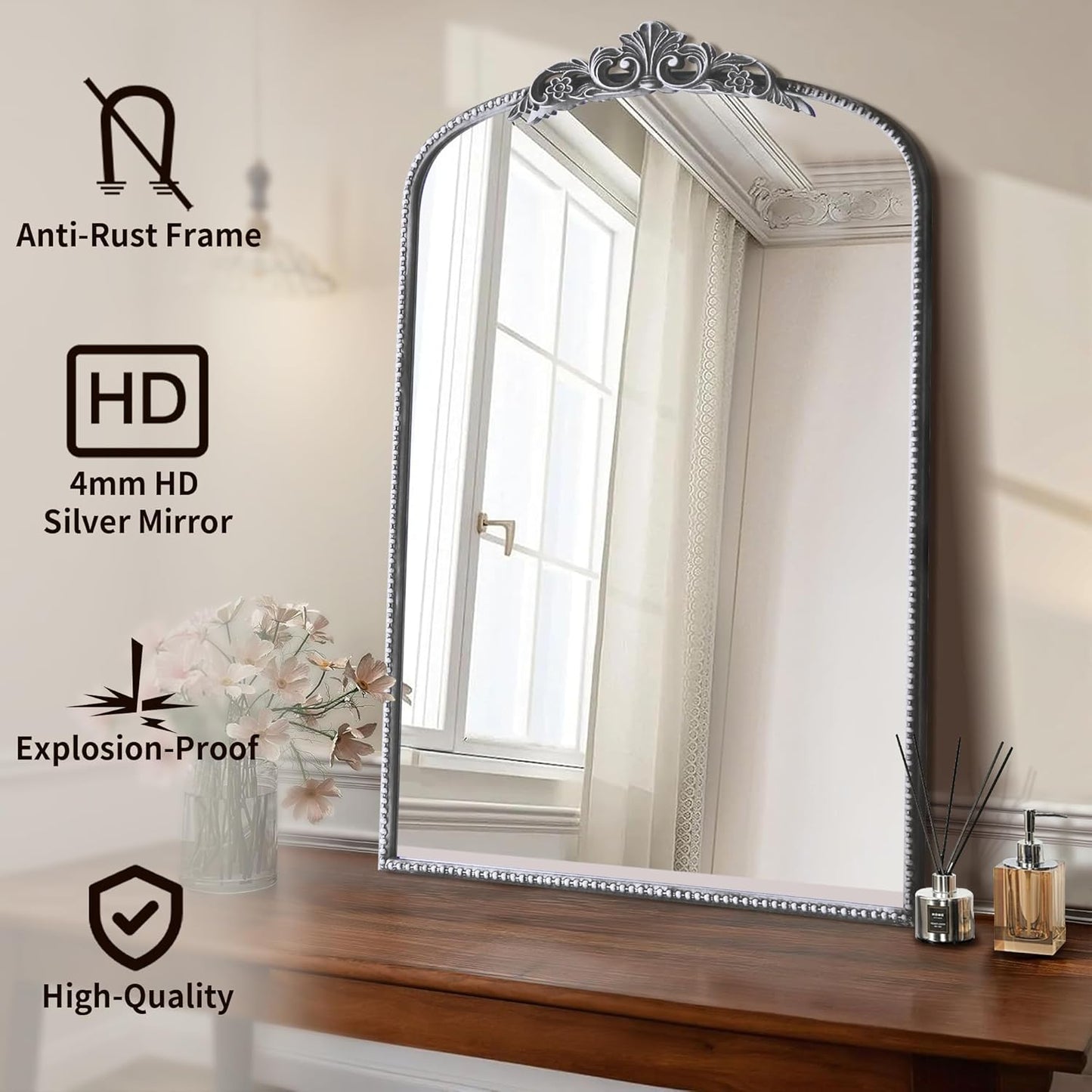 Micasso Vintage Traditional Silver Mirror: French Baroque Antique Mirror - Ornate Decorative Arched Mirrors for Wall/Bathroom/Entryway/Fireplace/Hallway - Home Decor for Living Room