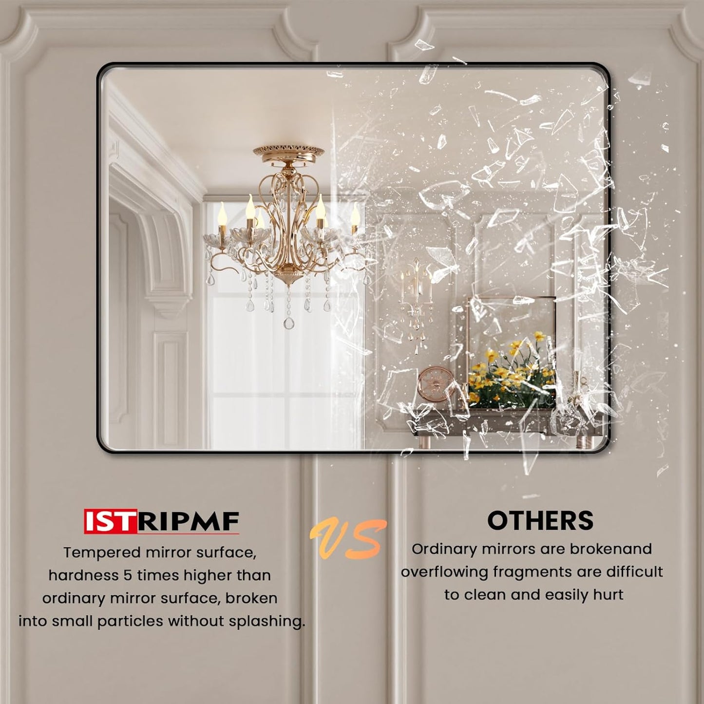 Black Metal Framed Bathroom Mirror for Wall,40X38 Rounded Rectangle Mirror, Matte Black Bathroom Vanity Mirror Farmhouse, Anti-Rust, Tempered Glass, Hangs Horizontally or Vertically