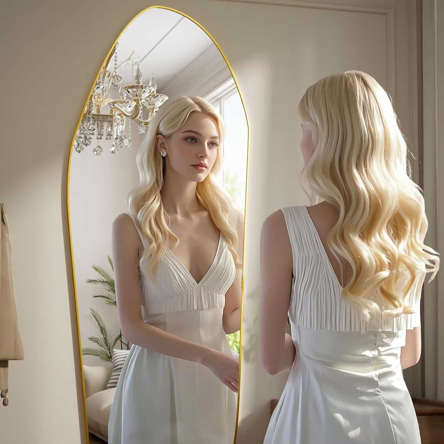 Full Length Floor Mirror - 67"x24" Aluminum Frame Irregular Diamond Shaped Standing Leaning Hanging for Bedroom Living Room Cloakroom Decor Large Mirror Gold