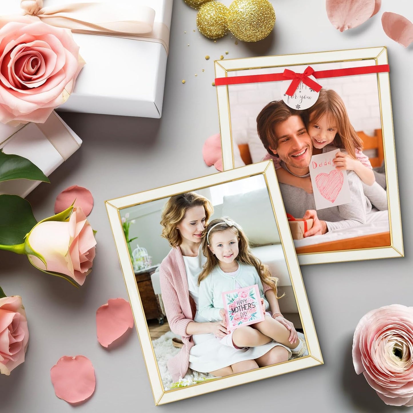 Frametory Enamel Picture Frame - 8x10 Gold Metal Edge White Enamel Picture Frame With Easel and Velvet Back for Tabletop Display, Bookshelf, 8x10 Wall Decoration, Photo Frames-2 Set