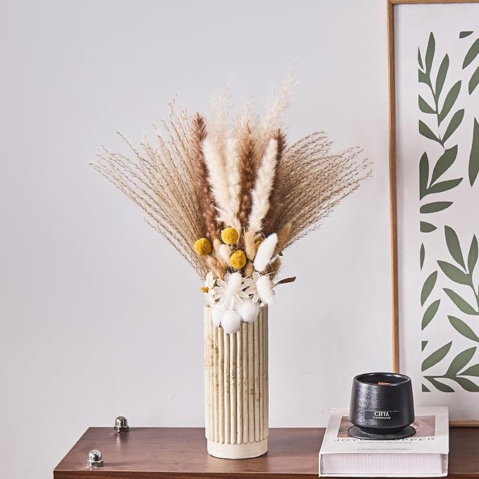 Cylinder Vase 8 Inch - Natural Travertine Textured Ribbed Resin Vase for Pampas Grass, Flowers, Home Decor | Decorative Centerpiece for Entryway, Countertop, Nightstand | Housewarming Gift (Beige)