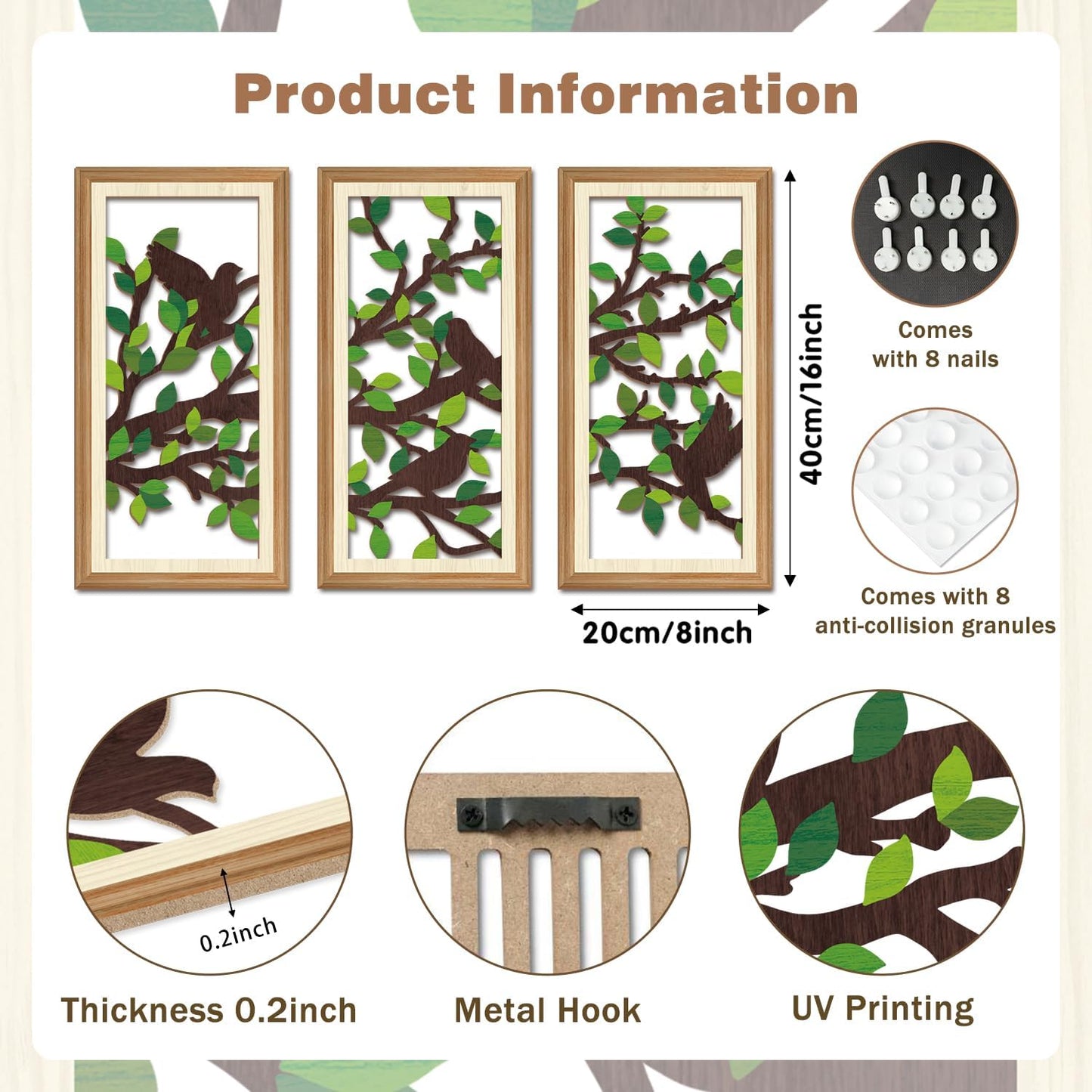 IARTTOP 3 Pcs Wooden Bird on Tree Wall Decor Boho Modern Nature Artwork Tree of Life Wood Wall Art Branch Silhouette Laser Bird Art Decor for Living Room Bedroom Office 7.9 x15.8 Inch